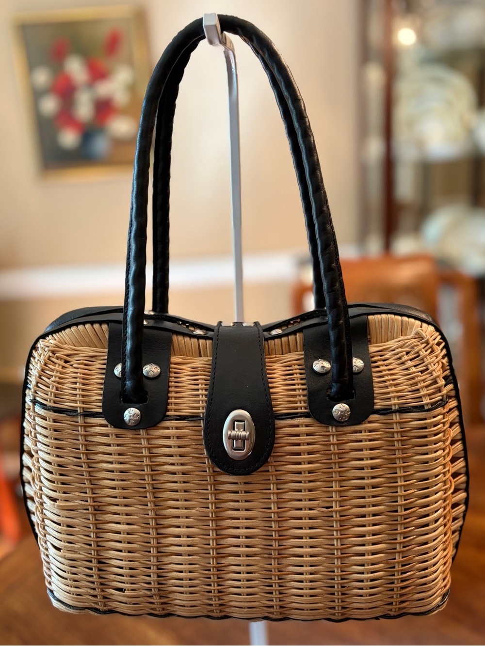 Patricia Nash Natural Woven Wicker Bag w/ Black Trim - Excellent  Condition